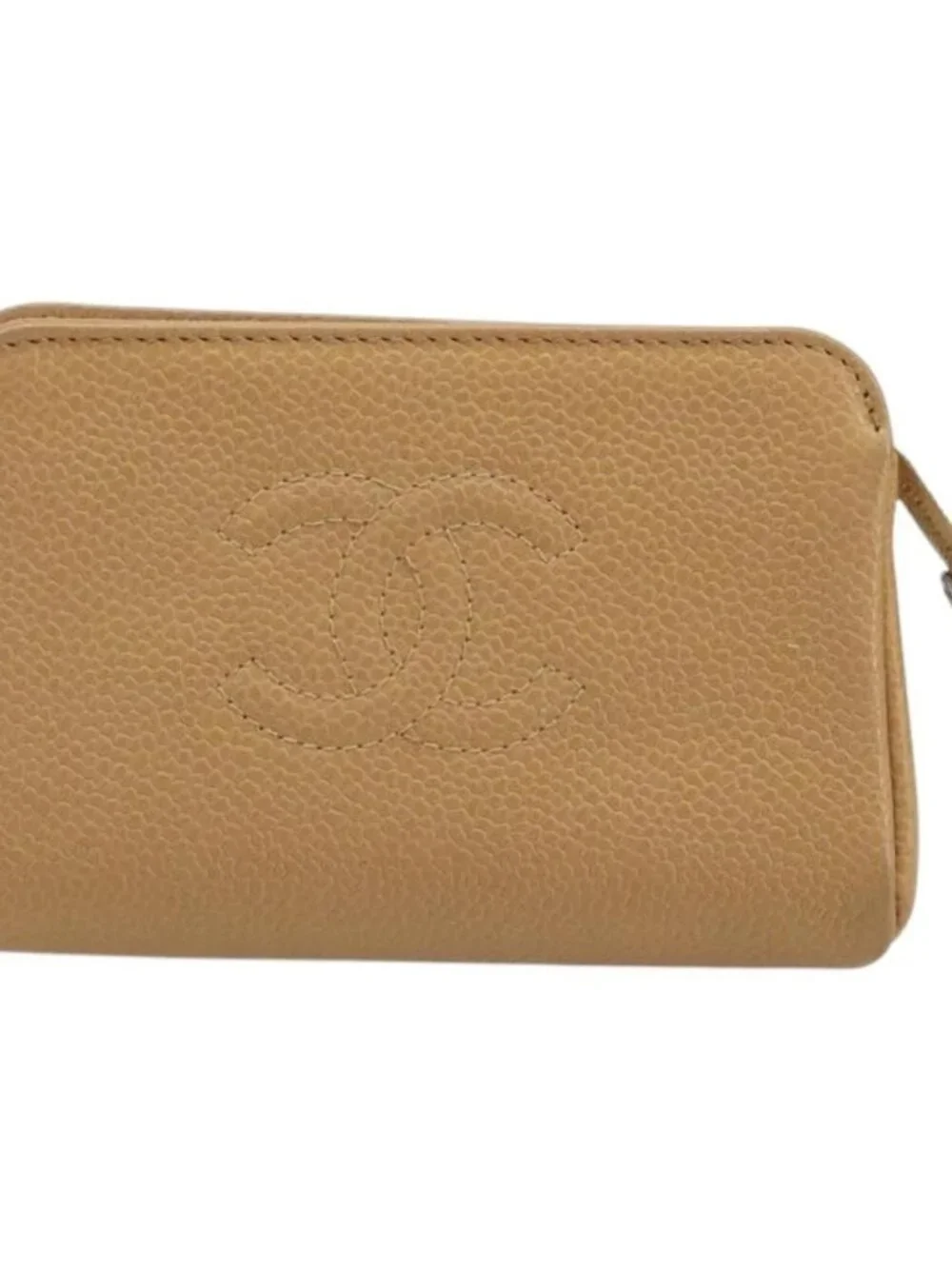 CHANEL COCO Mark Cosmetic Pouch Grained Calf Skin Beige Gold CC Auth 186407